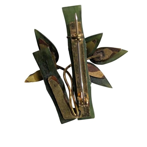 Vintage  bamboo Carved Nephrite Jade branch & leaves gold tone brooch/pin - Picture 5 of 7
